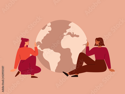 Women sit near big globe. Friendly girls care about planet Earth. Environmental conservation vector concept.