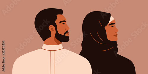 Side view business saudi people in traditional clothing. vector illustration. Arab handsome man and woman look forward. Vector