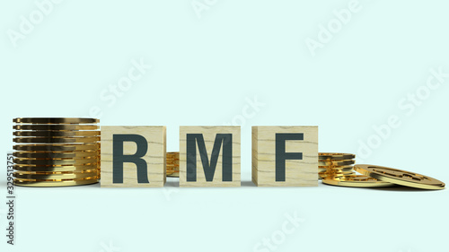  rmf text on wooden cube and coins 3d rendering  for Business content.. photo