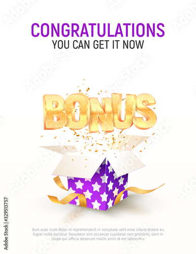 Bonus word flying from purple gift box on white background. Winning prize vector poster