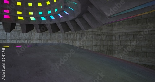 Architectural background. Abstract concrete interior with discs.Colored gradient neon lighting. 3D illustration and rendering.