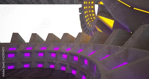 Architectural background. Abstract concrete interior with discs.Colored gradient neon lighting. 3D illustration and rendering.