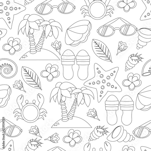 Seamless pattern of beach line elements.   Black and white illustration in doodle style. Marine and summer theme.  Modern background for cover and  textile.