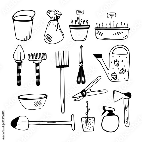 Set of hand drawn garden tools isolated on a white background. Doodle, simple outline illustration.