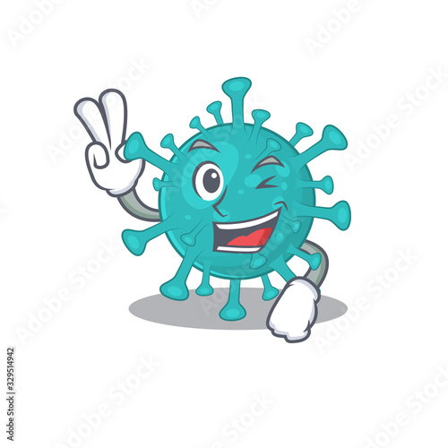Cheerful corona zygote virus mascot design with two fingers