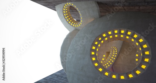 Architectural background. Abstract concrete interior with discs.Colored gradient neon lighting. 3D illustration and rendering.