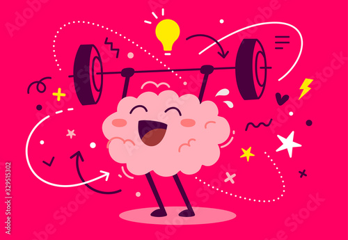 Vector creative illustration of strong happy pink human brain character with light bulb easy lifting barbell on red background. photo
