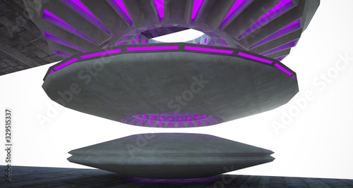 Architectural background. Abstract concrete interior with discs.Colored gradient neon lighting. 3D illustration and rendering.