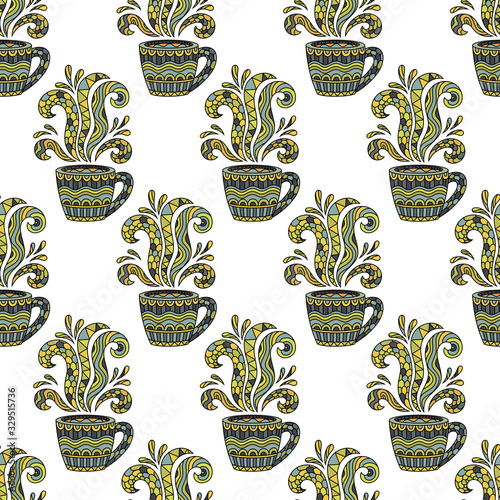 Seamless background with coffee mug or tea Cup with abstract style pattern zentangle, pattern. Manually hand drawn color illustrations.