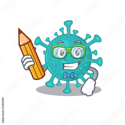 A smart student corona zygote virus character with a pencil and glasses