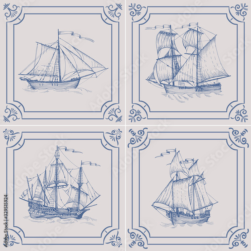 Old caravel. Ship on the Blue Dutch tile. Imitation. Frigate, vintage sailboat, Sailing vessel , glazed porcelain ceramic.