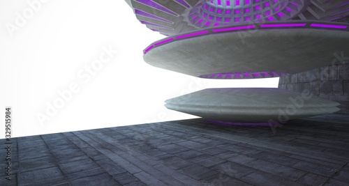 Architectural background. Abstract concrete interior with discs.Colored neon lighting. 3D illustration and rendering.