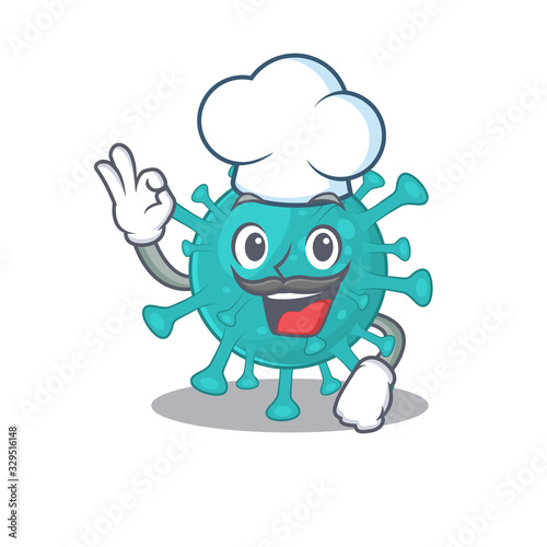 Cute corona zygote virus cartoon character wearing white chef hat