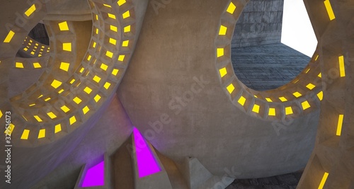 Architectural background. Abstract concrete interior with discs.Colored neon lighting. 3D illustration and rendering.