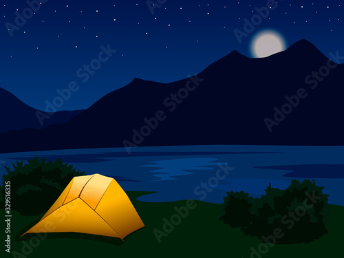 landscape with silhouettes of mountains, lake, river and stars in the sky. Night mountain landscape with illuminated orange tent. Vector illustration for hike, track, camp