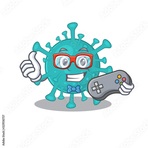 Cool gamer of corona zygote virus mascot design style with controller