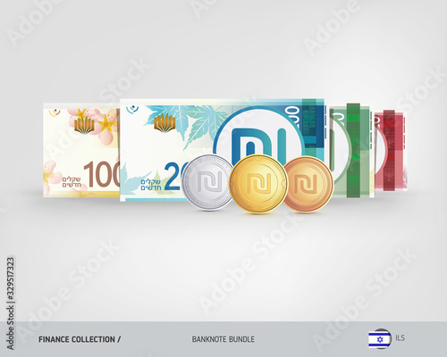 Israeli New Shekel banknotes set and gold, silver, bronze coins. Isolated on background. Cash of different nominal value. Vector illustration on the topic of finance.