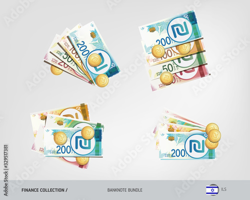 Israeli New Shekel banknotes set with gold coins. Isolated on background. Cash of different nominal value. Vector illustration on the topic of finance.
