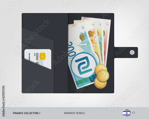 Israeli New Shekel banknotes set. Black leather wallet with money Israeli New Shekel banknotes and gold coins. Flat vector illustration on the topic of finance.