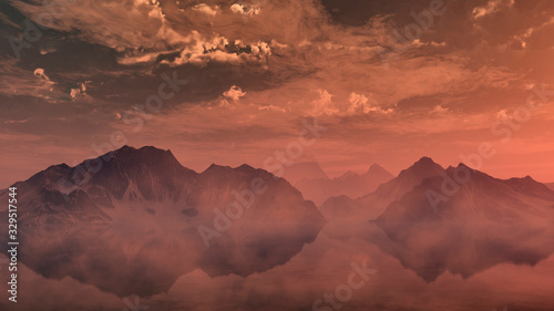Sunset over lake with snowy mountains under cloudy sky. Computer generated image.