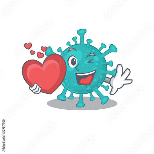 A romantic cartoon design of corona zygote virus holding heart