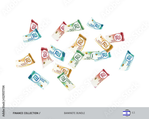 Flying Israeli New Shekel banknotes set. Isolated on background. Cash of different nominal value. Vector illustration on the topic of finance.