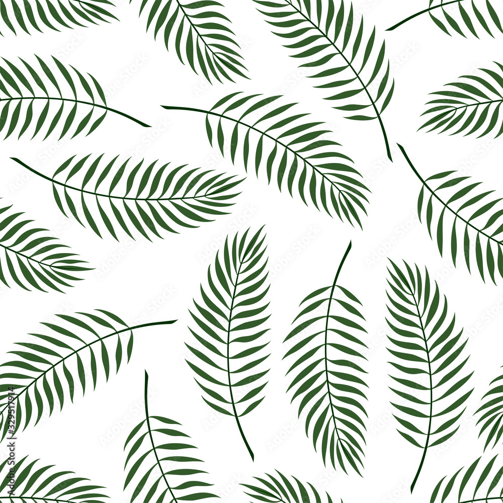 Seamless pattern with palm leaves on white background.