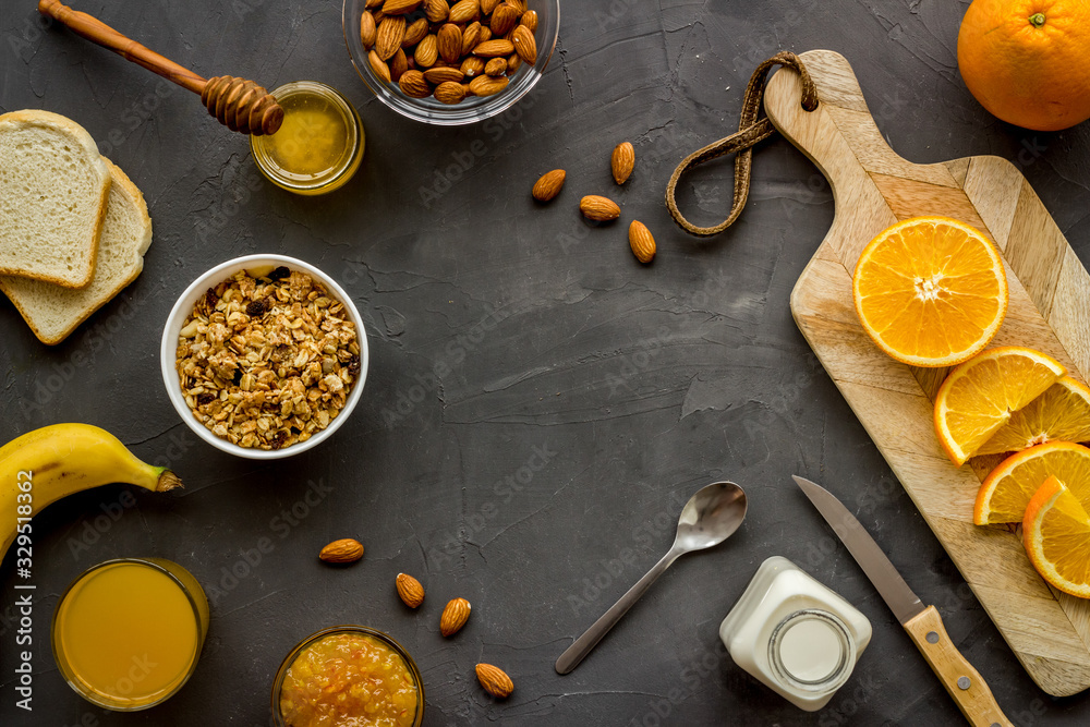 Breakfast with granola mockup on grey background top-down copy space
