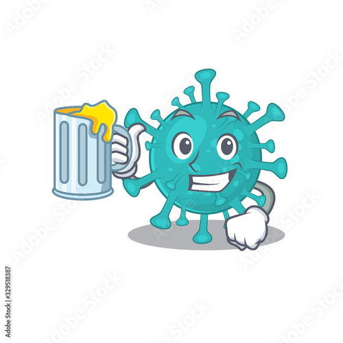 Cheerful corona zygote virus mascot design with a glass of beer
