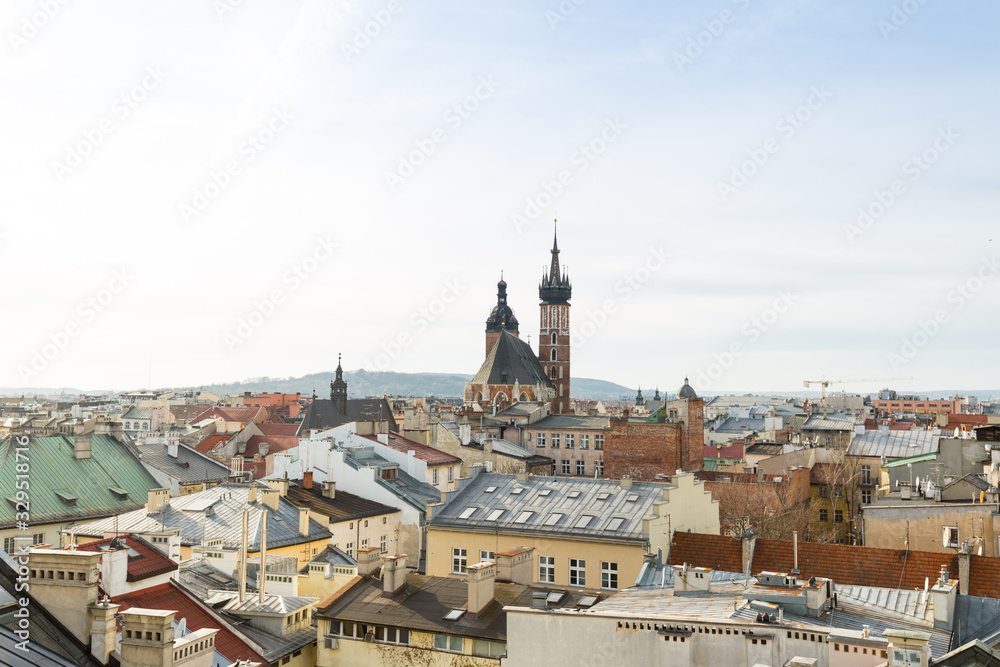Panorama old town part of Cracow. Mariacki cathedral in Krakow. St. Mary's basilica, Old city center.