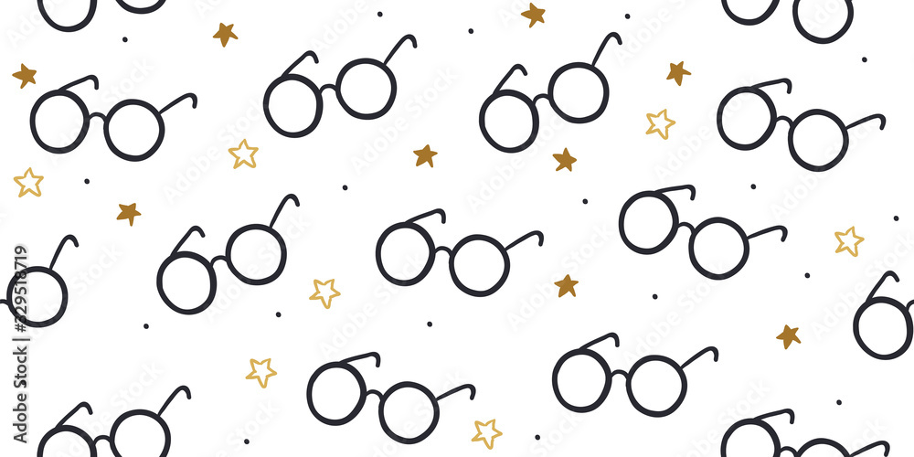 Seamless pattern with round eyeglasses, stars