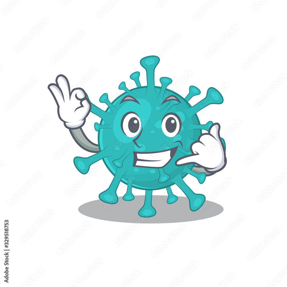 Corona zygote virus mascot cartoon design showing Call me gesture