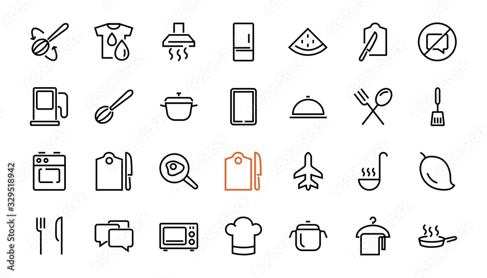 Set of cooking and kitchen icons, Vector lines, contains icons such as frying pan, frying, microwave, fork with spoon, Editable stroke, perfect 480x480 pixels, white background. Set of cooking and kitchen icons, Vector lines, contains icons such as frying pan, frying, microwave, fork with spoon, Editable stroke, perfect 480x480 pixels, white background.