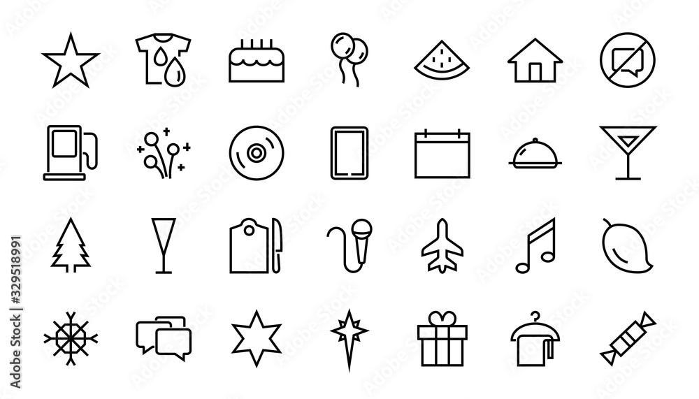 Simple set of celebration icons related to vector line. Contains icons such as music, new year, stars, balls, cake, karaoke, dj and much more. Editable stroke. 480x480