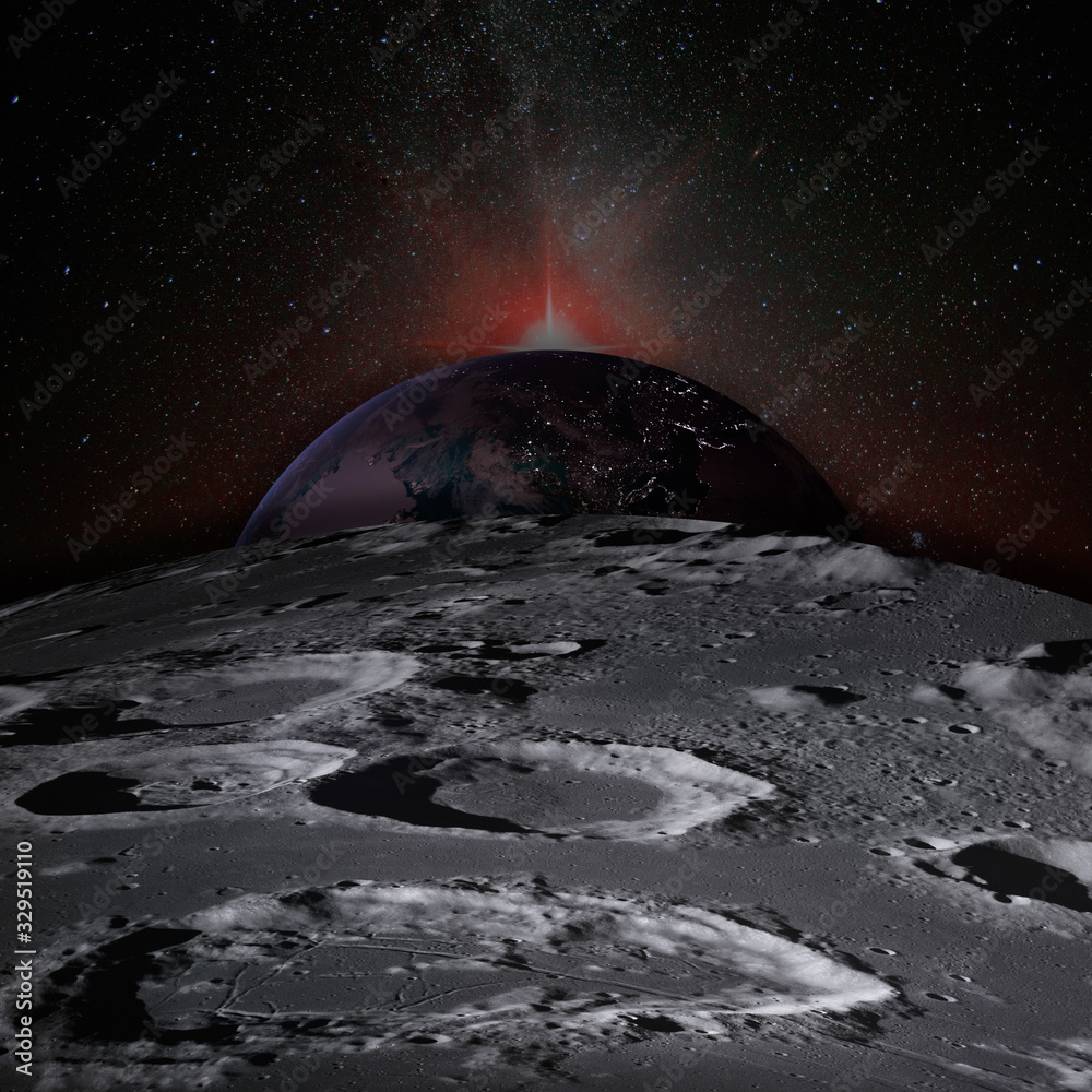 Planet Earth rises above the surface of the Moon, dotted with craters ...