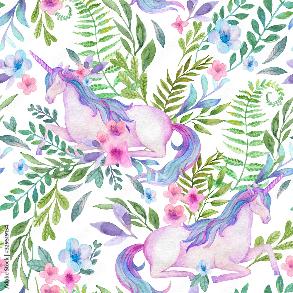 Watercolor beautiful unicorns, flowers, leaves, herbs, ferns background