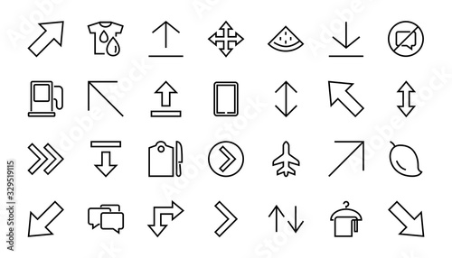 Set of line arrows, directions, arrows, contains icons such as pause, continuation, directly, to the right, Editable stroke. 480x480, On a white background, Vector illustration