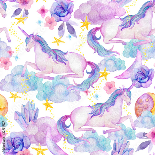 Watercolor beautiful unicorns  crystals  flowers  moon on starry background
