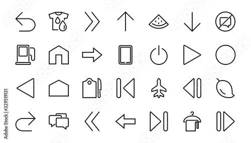 Set of line arrows, directions, arrows, contains icons such as pause, continuation, directly, to the right, Editable stroke. 480x480, On a white background, Vector illustration