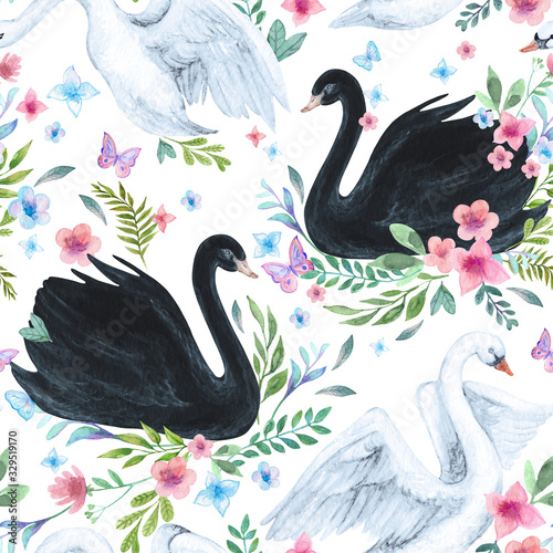 Watercolor white and black swan lake seamless pattern