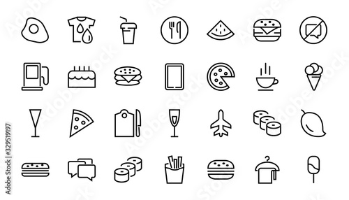 A simple set of fast food icons related to the vector line. Contains icons such as pizza, burger, sushi, bike, scrambled eggs and more. EDITABLE stroke. 480x480 pixels perfect, EPS 10