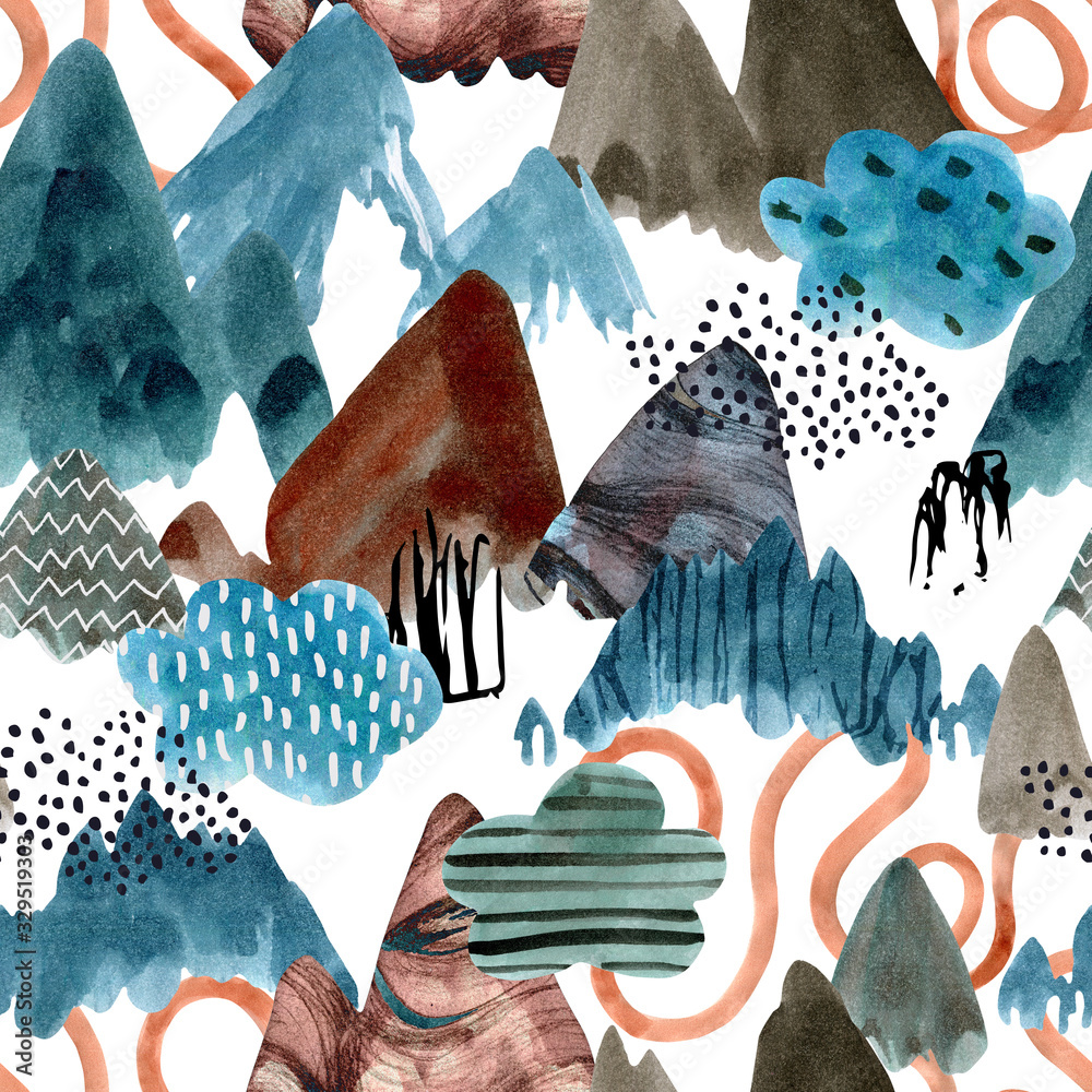 Naklejka Watercolor mountain art background. Abstract landscape seamless pattern