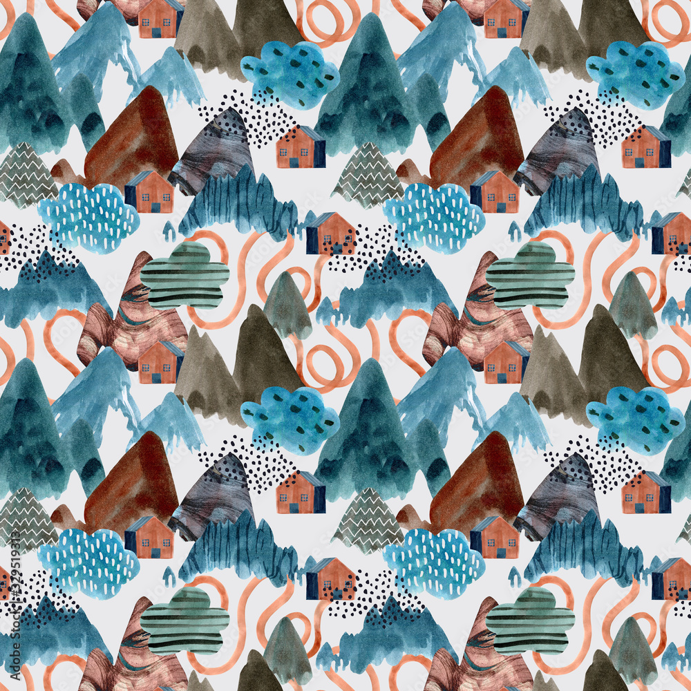 Obraz Watercolor mountain art background. Abstract landscape seamless pattern