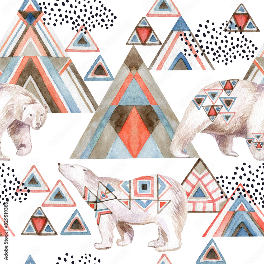 Fototapeta Abstract geometric seamless pattern with polar bear, watercolor triangles.
