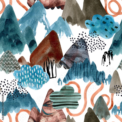 Obraz na płótnie Watercolor mountain art background. Abstract landscape seamless pattern