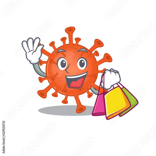 Happy rich deadly corona virus mascot design waving and holding Shopping bag