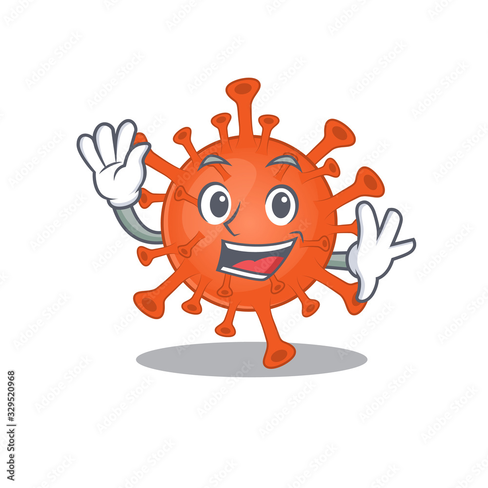 Smiley deadly corona virus cartoon mascot design with waving hand