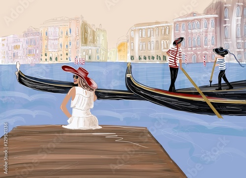 Illustration of a woman enjoying beautiful view on venetian chanal and gondolas in Venice. Traveling in Venice concept photo