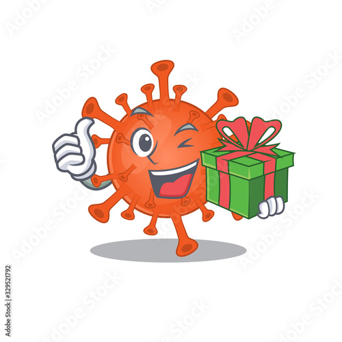 Smiley deadly corona virus cartoon character having a gift box