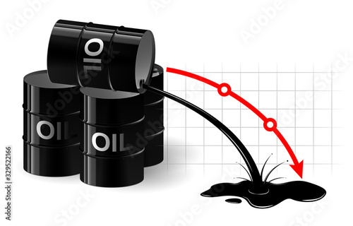 The chart of the fall in the oil price. Black liquid pouring out of the barrel. Very low fuel price.